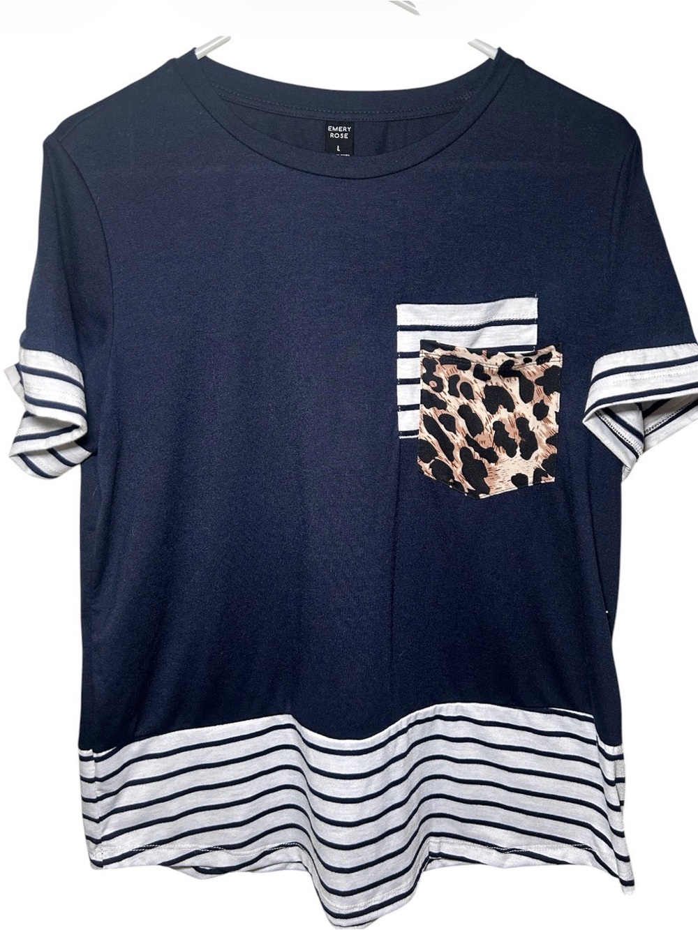 Emery Rose Navy & White Stripe Pocket Tee with Leopard Accent Short Sleeve Large